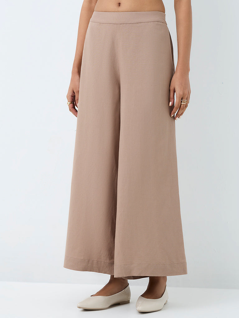 Zuba Dark Taupe Solid Linen-Blend Palazzos