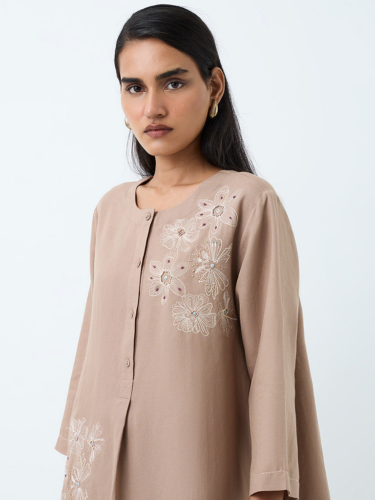 Zuba Dark Taupe Floral Embroidered Linen-Blend Tunic