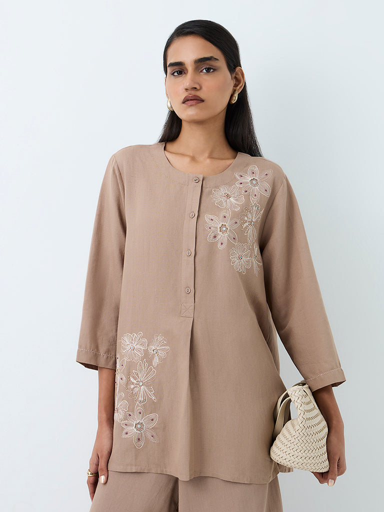 Zuba Dark Taupe Floral Embroidered Linen-Blend Tunic