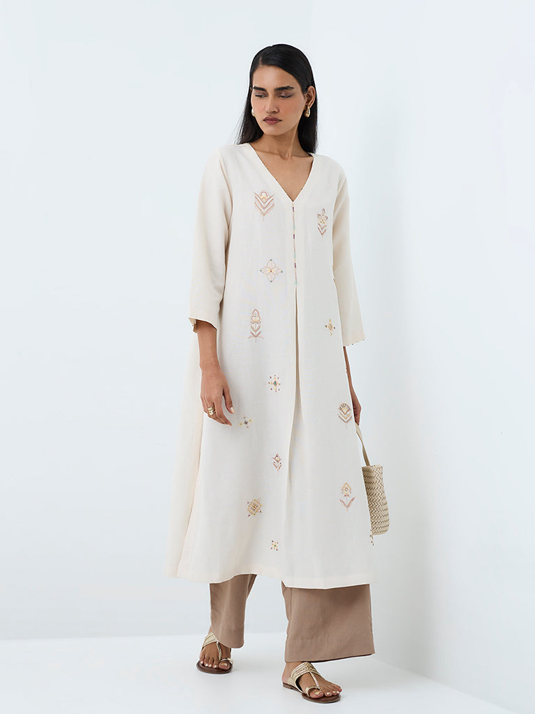 Zuba Off-White Floral Embroidered Linen-Blend A-Line Kurta