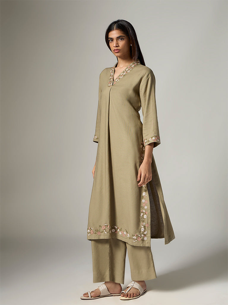 Zuba Sage Floral Embroidered A-Line Kurta
