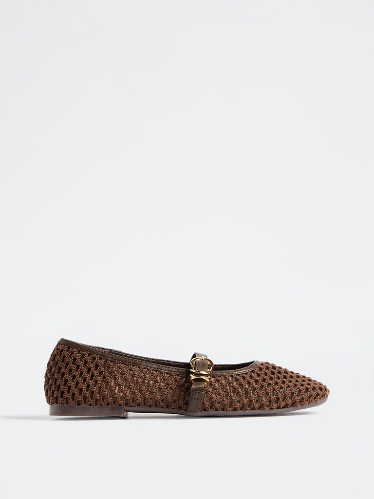 LUNA BLU Brown Crochet-Textured Mary Jane Shoes
