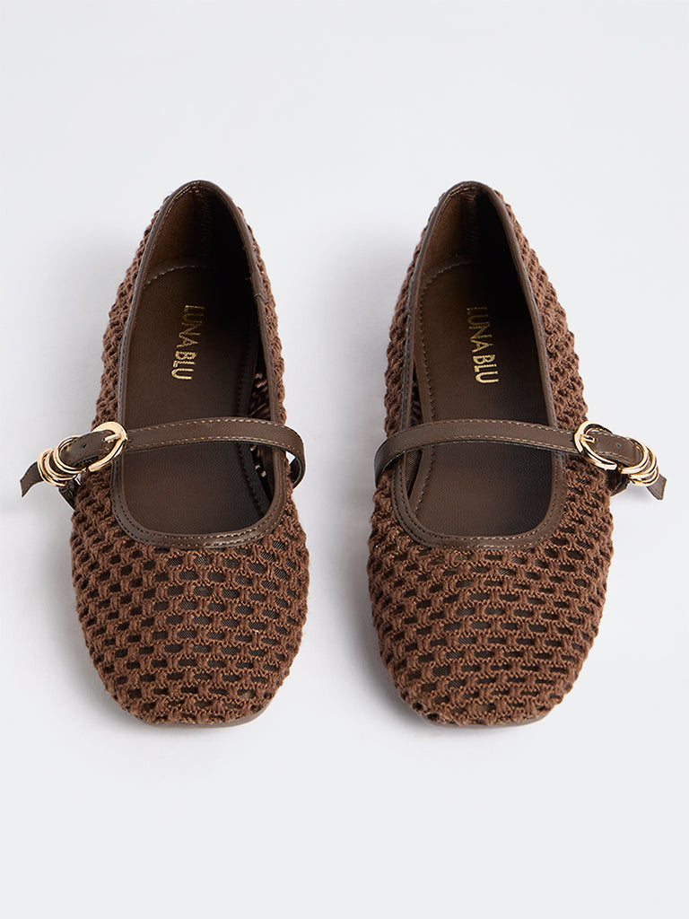 LUNA BLU Brown Crochet-Textured Mary Jane Shoes