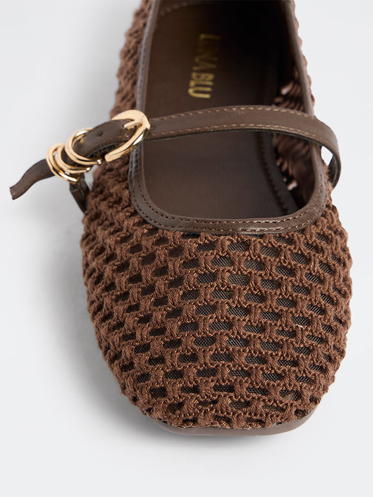 LUNA BLU Brown Crochet-Textured Mary Jane Shoes