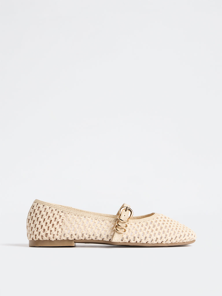LUNA BLU Ivory Crochet-Textured Mary Jane Shoes