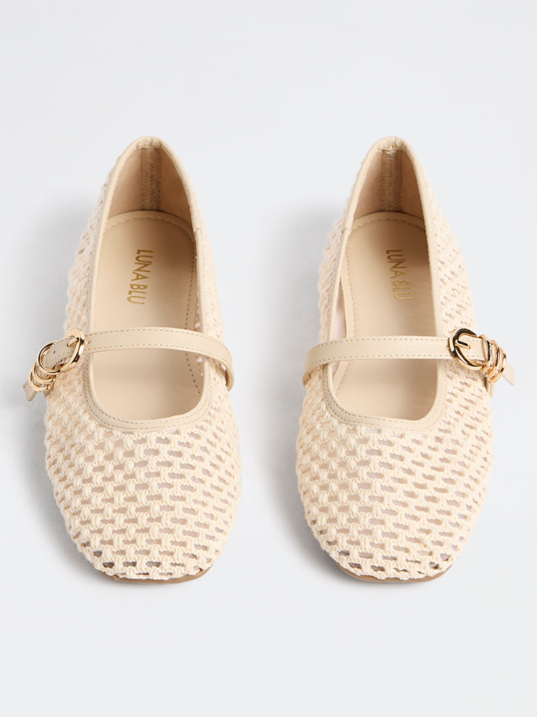 LUNA BLU Ivory Crochet-Textured Mary Jane Shoes