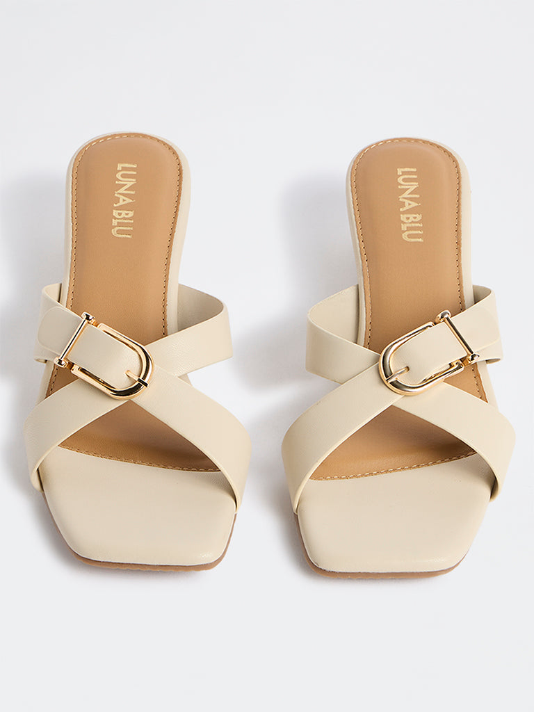 LUNA BLU Ivory Criss-Cross Strap Wedge Heel Sandals