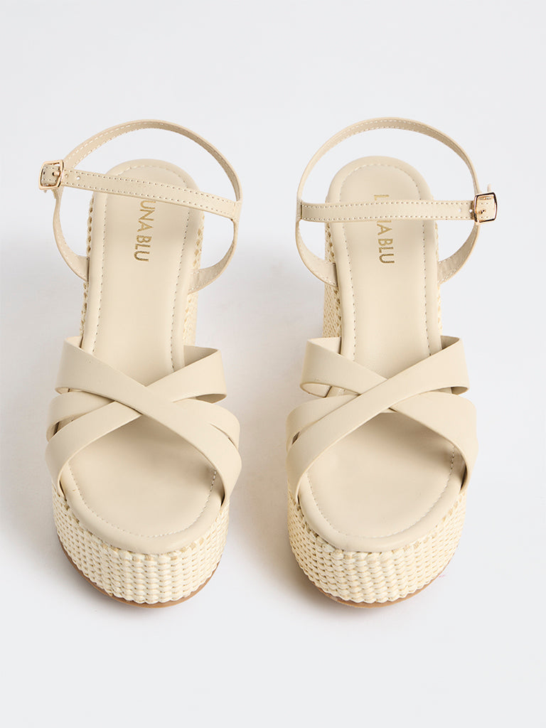 LUNA BLU Ivory Criss-Cross Strap Raffia Wedge Heel Sandals