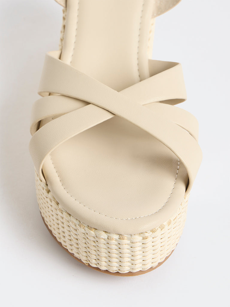 LUNA BLU Ivory Criss-Cross Strap Raffia Wedge Heel Sandals