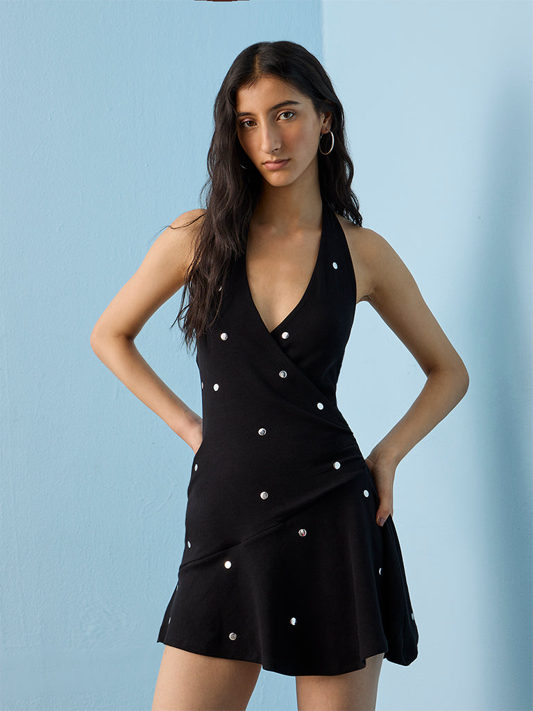 Nuon Black Polka-Dot Wrap-Style Dress
