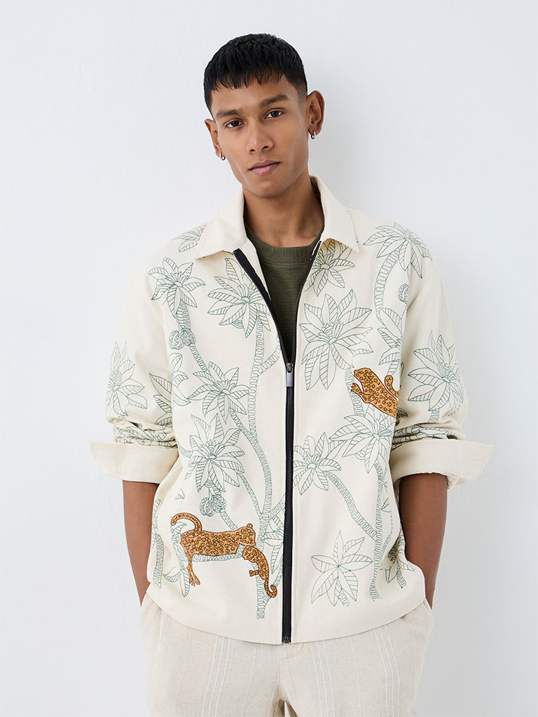ETA Light Beige Floral Embroidered Relaxed-Fit Cotton Jacket