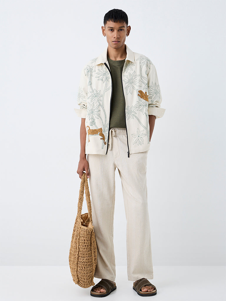 ETA Light Beige Floral Embroidered Relaxed-Fit Cotton Jacket