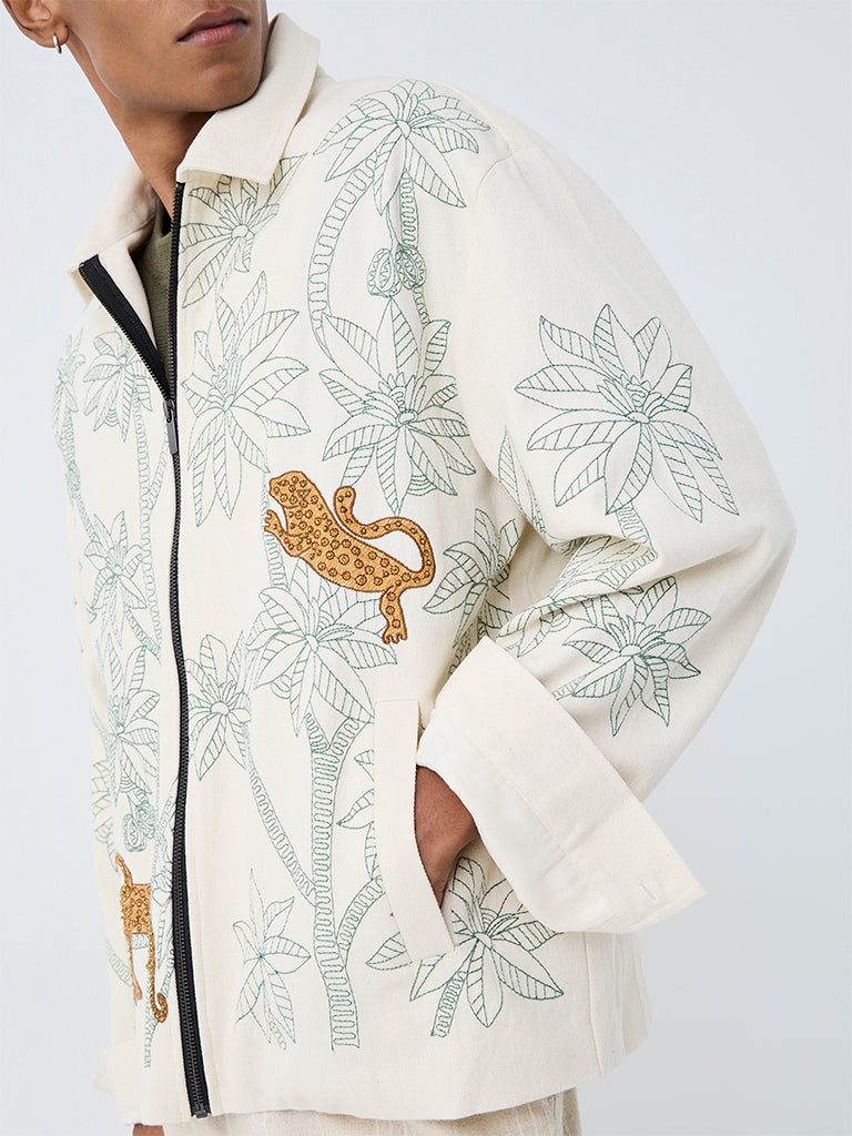 ETA Light Beige Floral Embroidered Relaxed-Fit Cotton Jacket