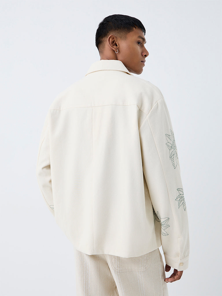 ETA Light Beige Floral Embroidered Relaxed-Fit Cotton Jacket