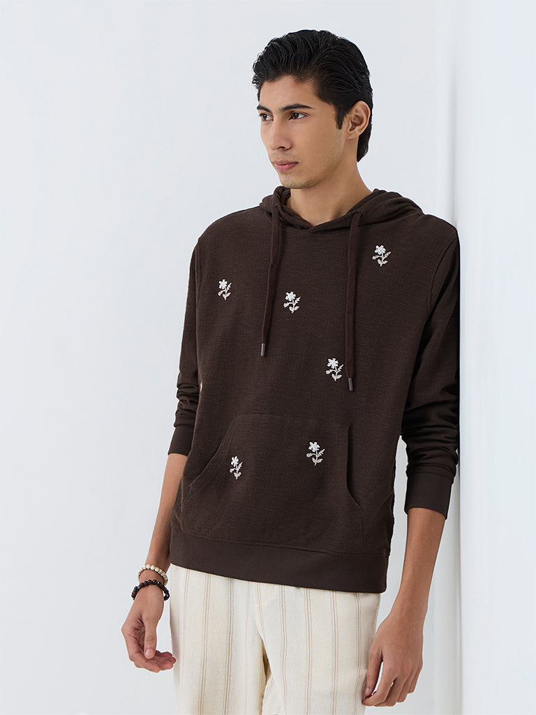 ETA Dark Brown Floral Embroidered Relaxed-Fit Cotton Sweatshirt
