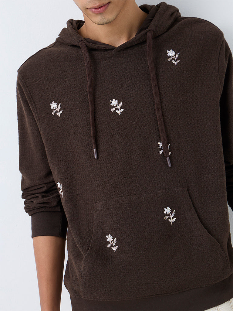 ETA Dark Brown Floral Embroidered Relaxed-Fit Cotton Sweatshirt