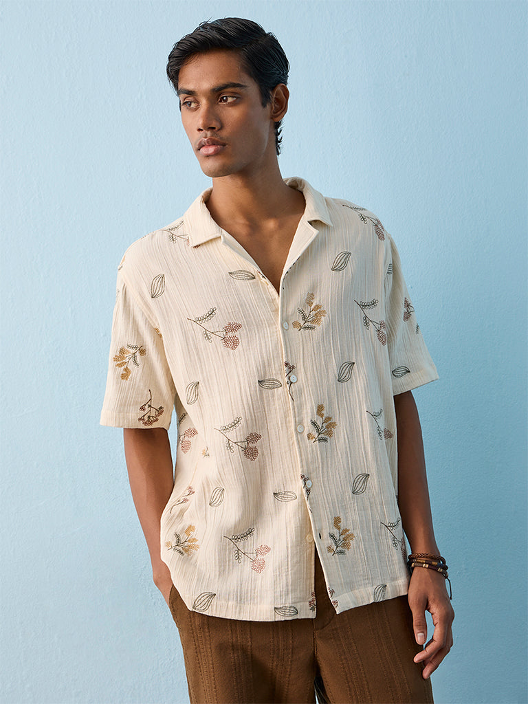ETA Off-White Floral Embroidered Relaxed-Fit Cotton Shirt