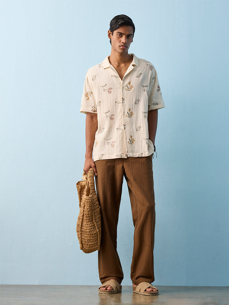 ETA Off-White Floral Embroidered Relaxed-Fit Cotton Shirt
