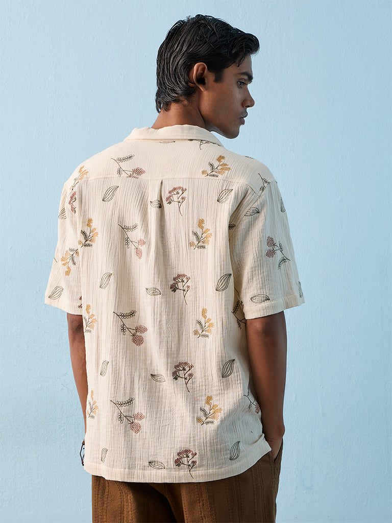 ETA Off-White Floral Embroidered Relaxed-Fit Cotton Shirt