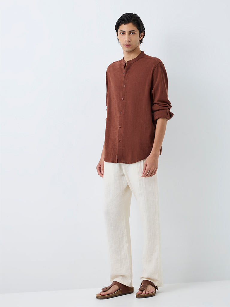 ETA Dark Rust Crinkle-Textured Relaxed-Fit Cotton Shirt