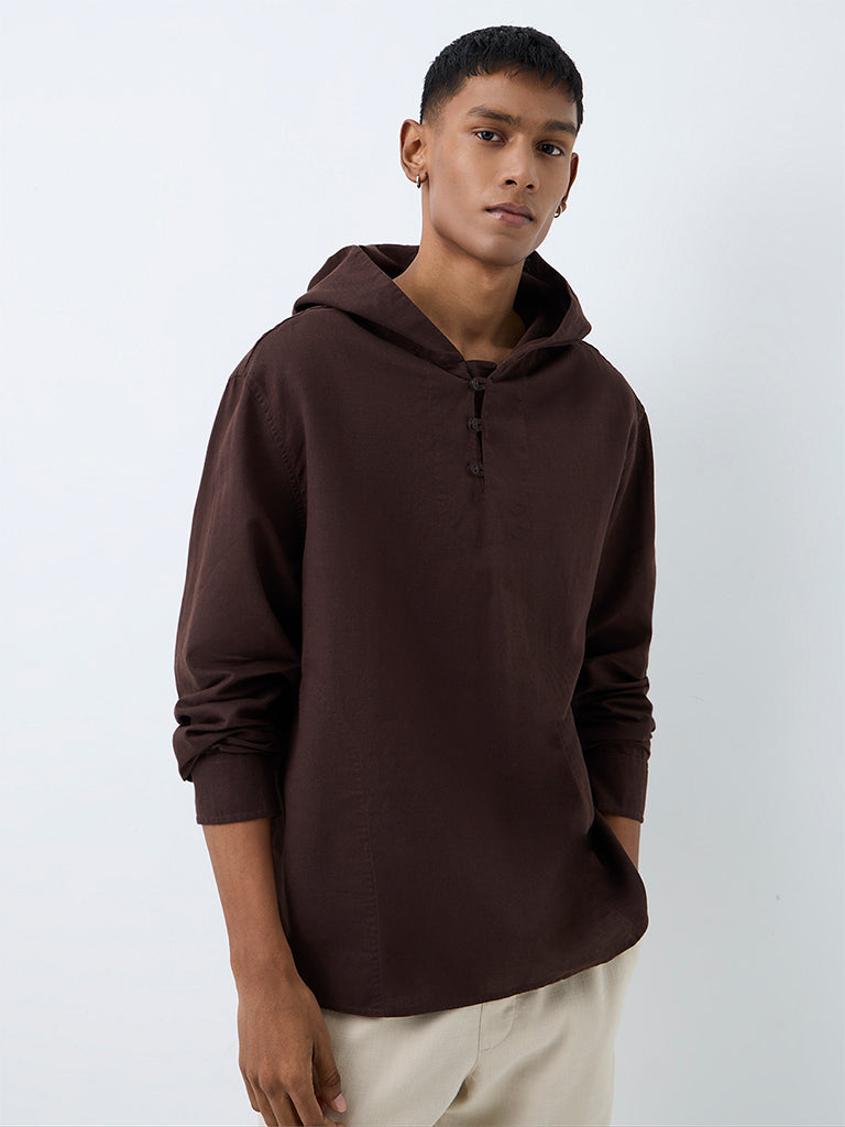 ETA Dark Brown Solid Relaxed-Fit Cotton-Blend Hooded Shirt