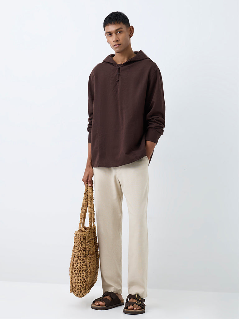 ETA Dark Brown Solid Relaxed-Fit Cotton-Blend Hooded Shirt