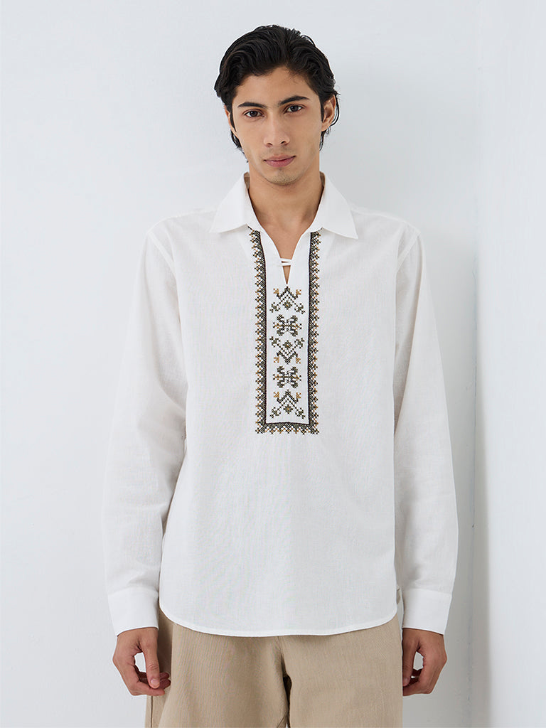 ETA Off-White Embroidered Relaxed-Fit Cotton-Blend Shirt