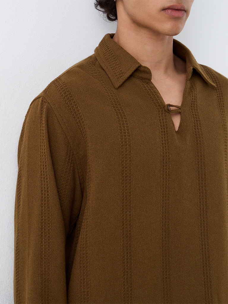 ETA Brown Waffle-Striped Relaxed-Fit Cotton-Blend Shirt