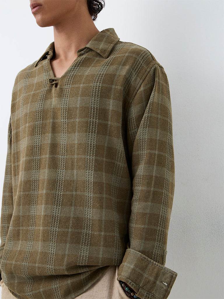 ETA Olive Checkered Relaxed-Fit Cotton-Blend Shirt
