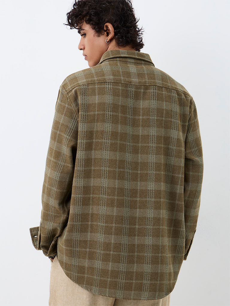 ETA Olive Checkered Relaxed-Fit Cotton-Blend Shirt