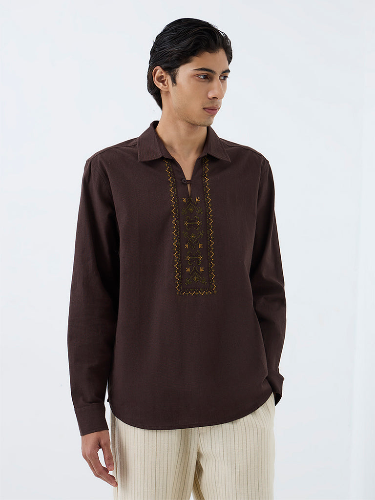 ETA Dark Brown Embroidered Relaxed-Fit Cotton-Blend Shirt