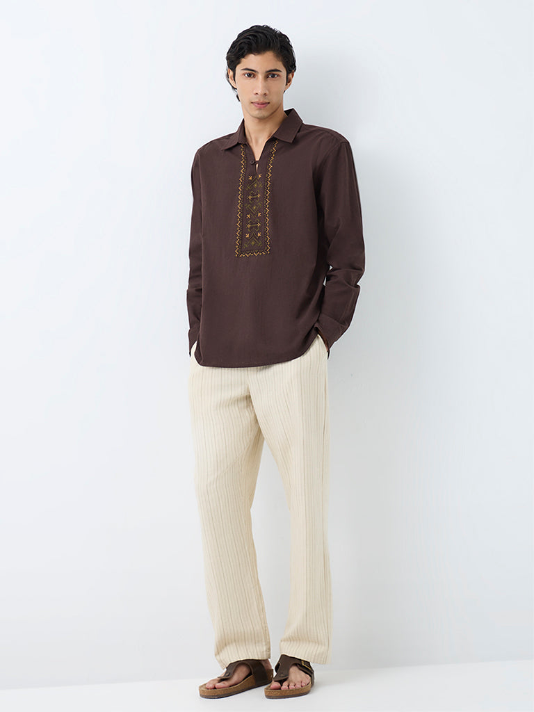 ETA Dark Brown Embroidered Relaxed-Fit Cotton-Blend Shirt