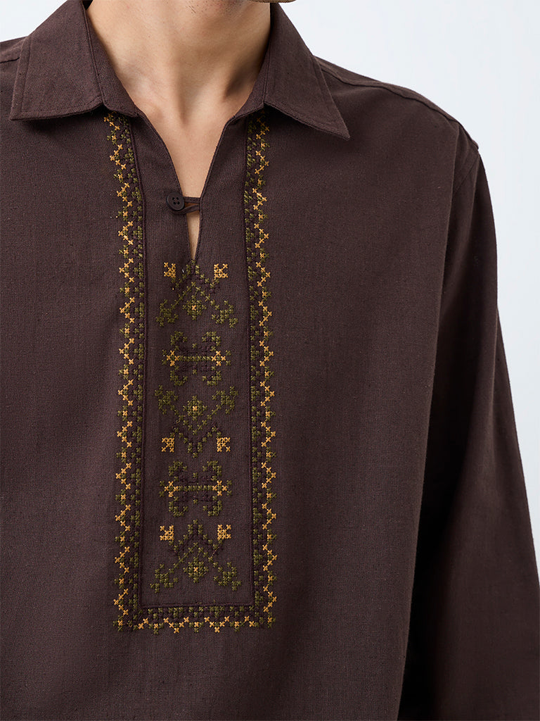 ETA Dark Brown Embroidered Relaxed-Fit Cotton-Blend Shirt