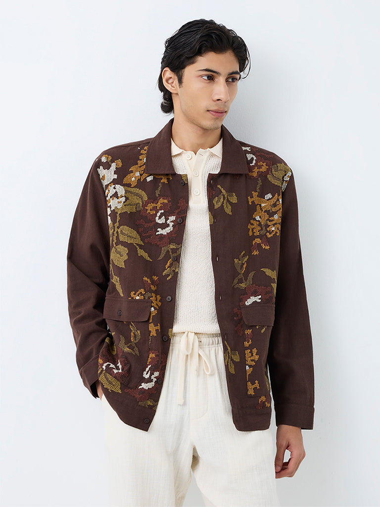 ETA Dark Brown Floral Embroidered Relaxed-Fit Shirt