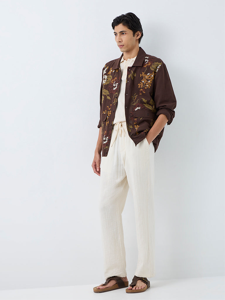 ETA Dark Brown Floral Embroidered Relaxed-Fit Shirt