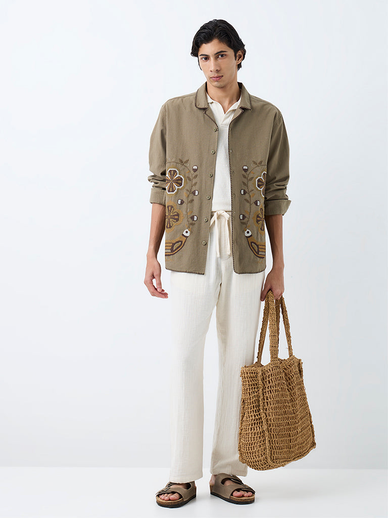 ETA Khaki Floral Embroidered Relaxed-Fit Cotton-Blend Shirt