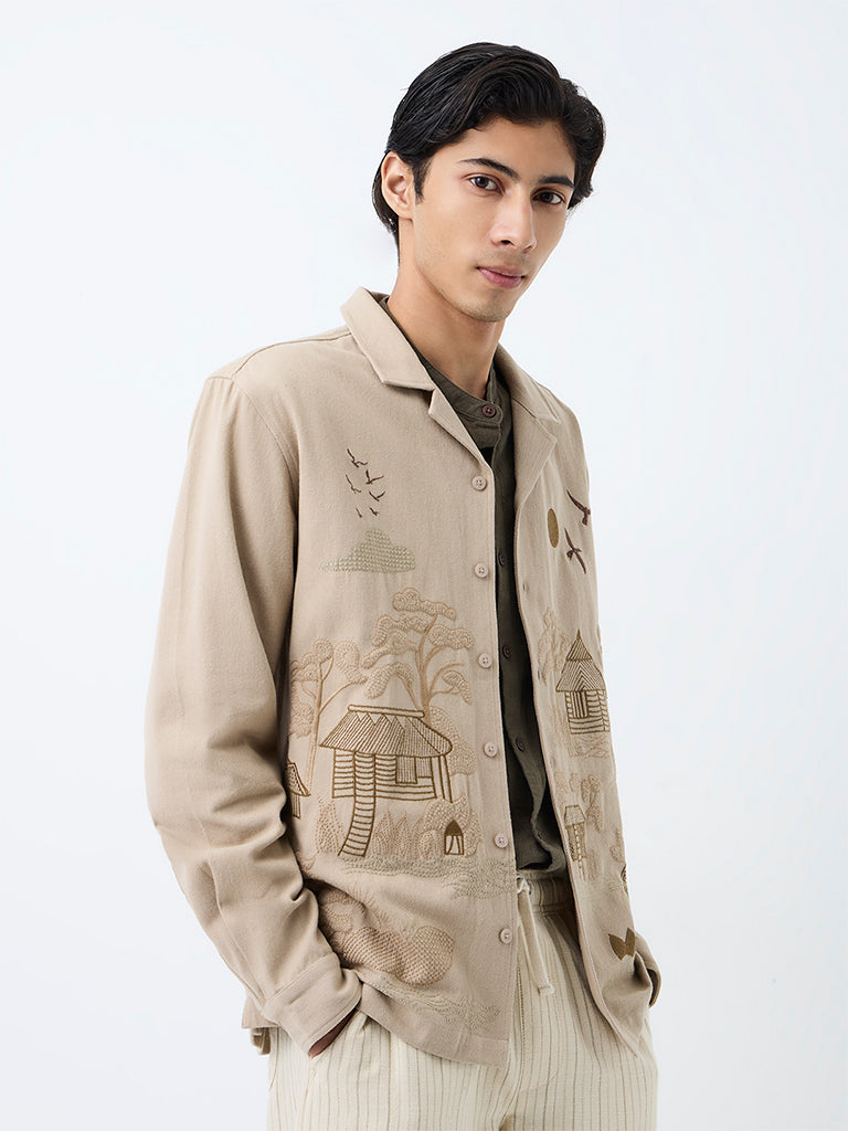 ETA Beige Scenic Embroidered Relaxed-Fit Cotton Shirt