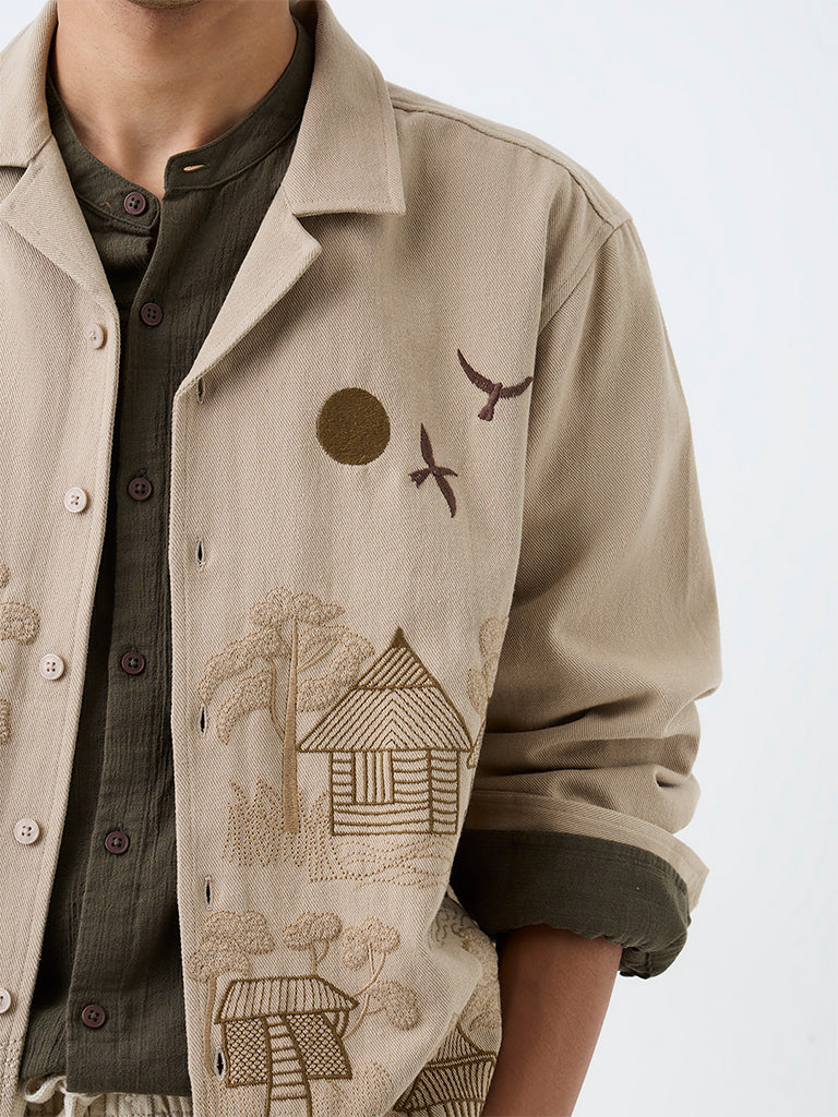 ETA Beige Scenic Embroidered Relaxed-Fit Cotton Shirt