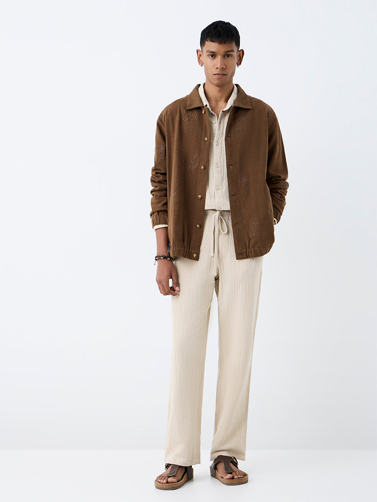 ETA Brown Floral Embroidered Relaxed-Fit Cotton-Blend Jacket
