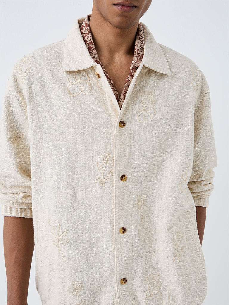 ETA Off-White Floral Embroidered Relaxed-Fit Cotton-Blend Jacket