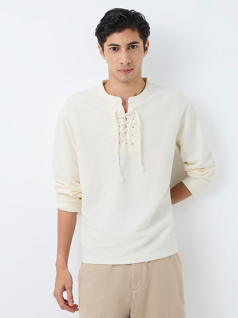 ETA Off-White Criss-Cross Tie-Up Relaxed-Fit Cotton-Blend T-Shirt
