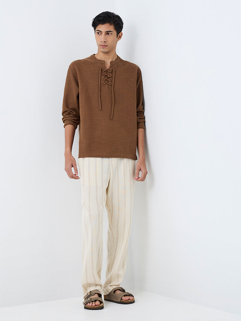 ETA Brown Criss-Cross Tie-Up Relaxed-Fit Cotton-Blend T-Shirt