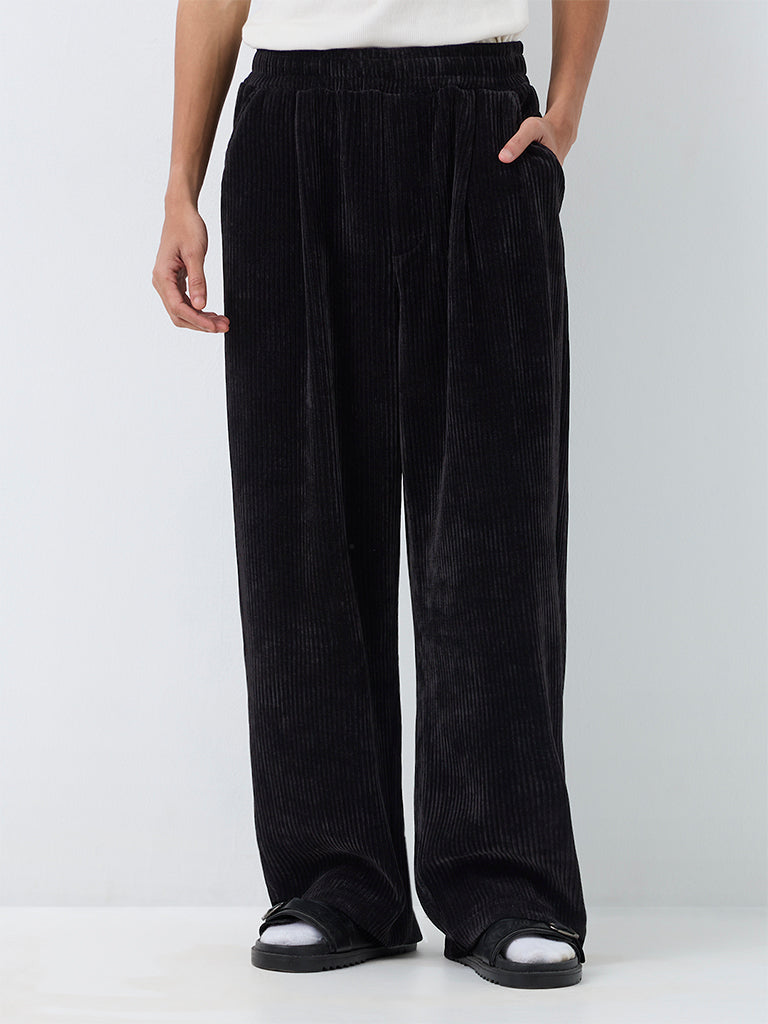 Nuon Black Corduroy Baggy-Fit Mid-Rise Pants
