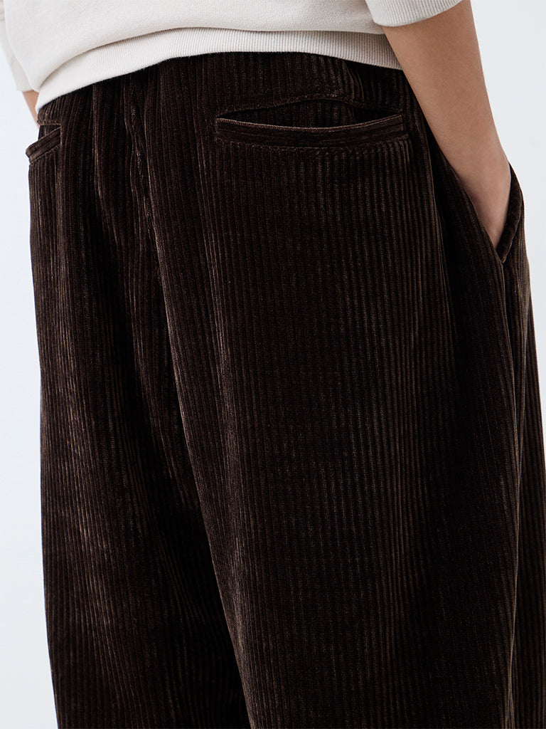 Nuon Dark Brown Corduroy Baggy-Fit Mid-Rise Pants