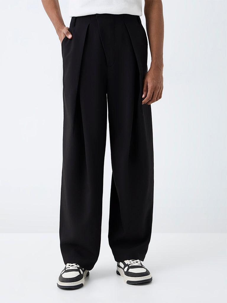 Nuon Black Pleated Loose-Fit Mid-Rise Cotton Trousers