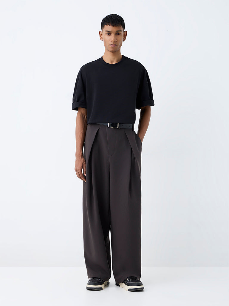 Nuon Grey Pleated Loose-Fit Mid-Rise Cotton Trousers