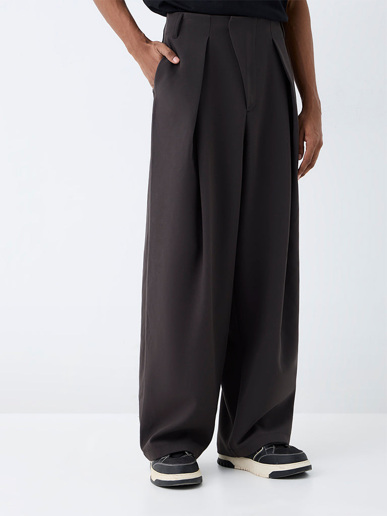 Nuon Grey Pleated Loose-Fit Mid-Rise Cotton Trousers