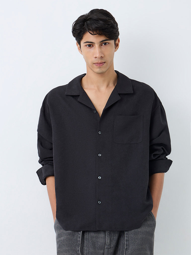 Nuon Black Solid Boxy-Fit Cotton Shirt