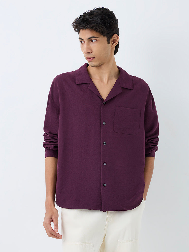 Nuon Plum Solid Boxy-Fit Cotton Shirt