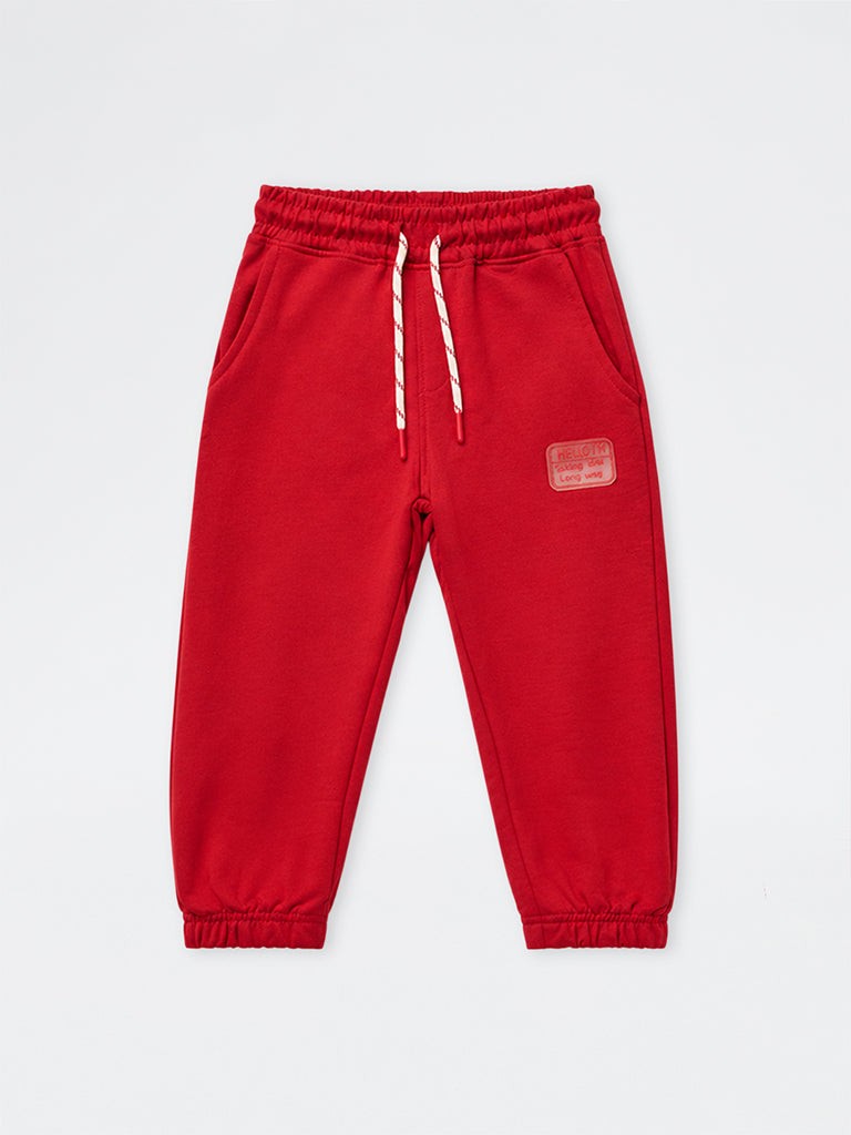 HOP Kids Boys Red Patch-Detail Mid-Rise Cotton-Blend Joggers